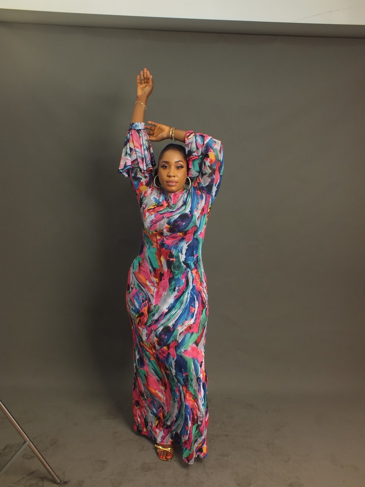 Multicolour Abstract Print Ruched Maxi Dress