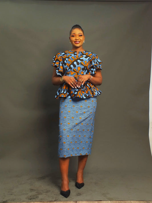 Ensemble 2 pièces Thandi Bleu Ankara | Haut péplum et jupe crayon mi-longue