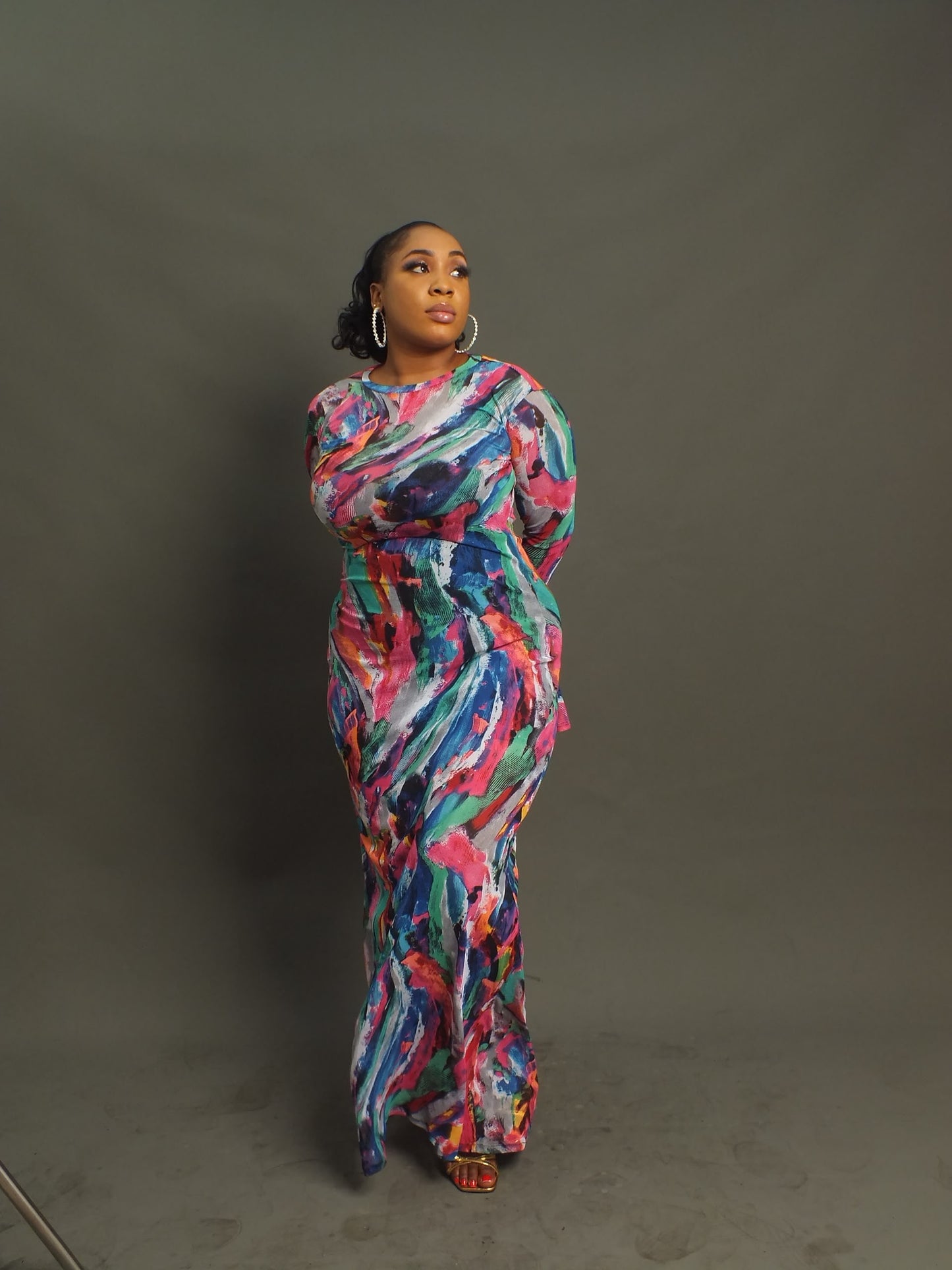 Multicolour Abstract Print Ruched Maxi Dress