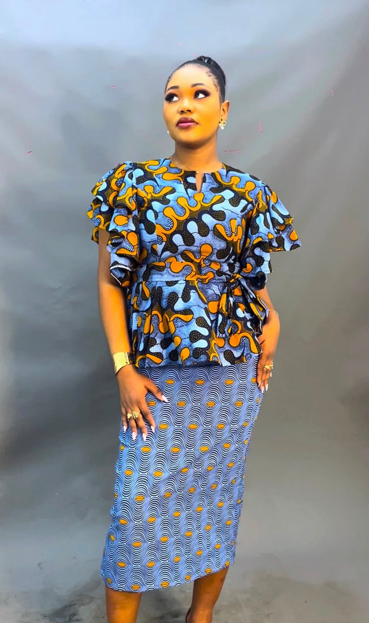 Thandi Blue Ankara 2-Piece Set | Peplum Top & Midi Pencil Skirt