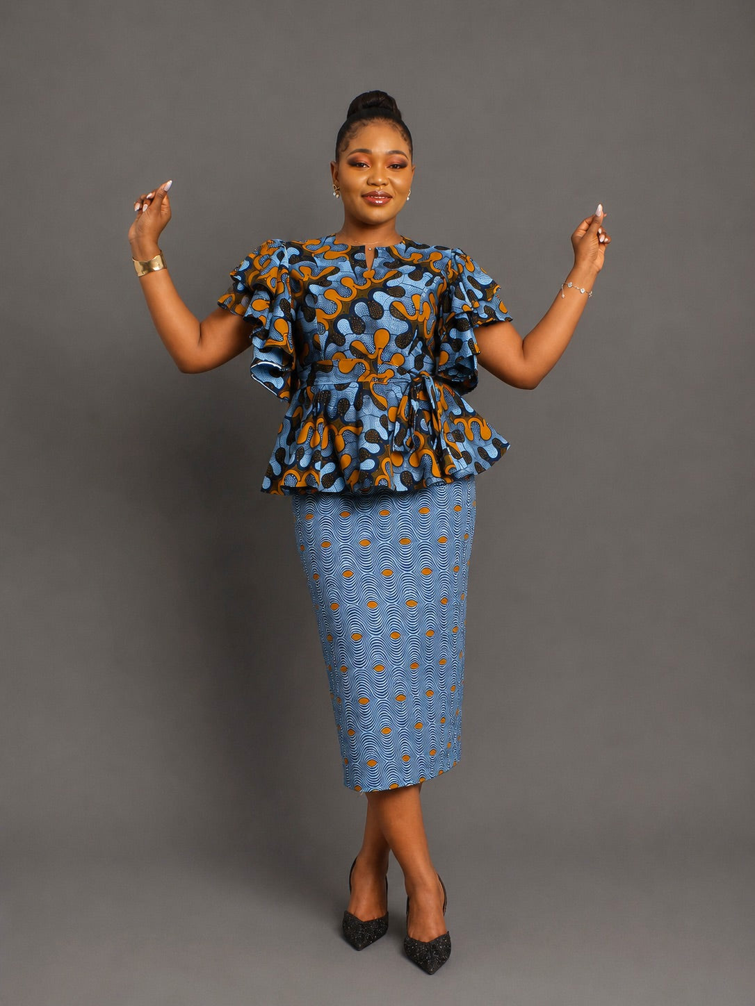 Thandi Blue Ankara 2-Piece Set | Peplum Top & Midi Pencil Skirt