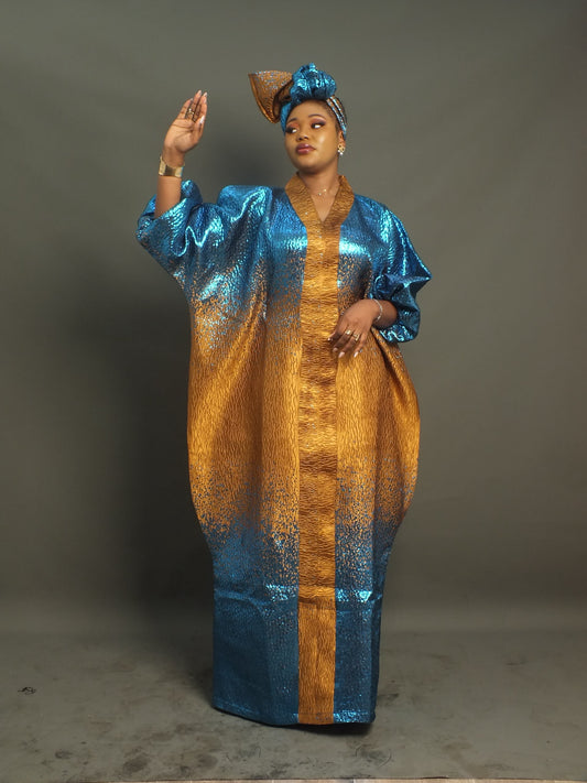 Kaftan Boubou Amina Métallique – Bleu et Or