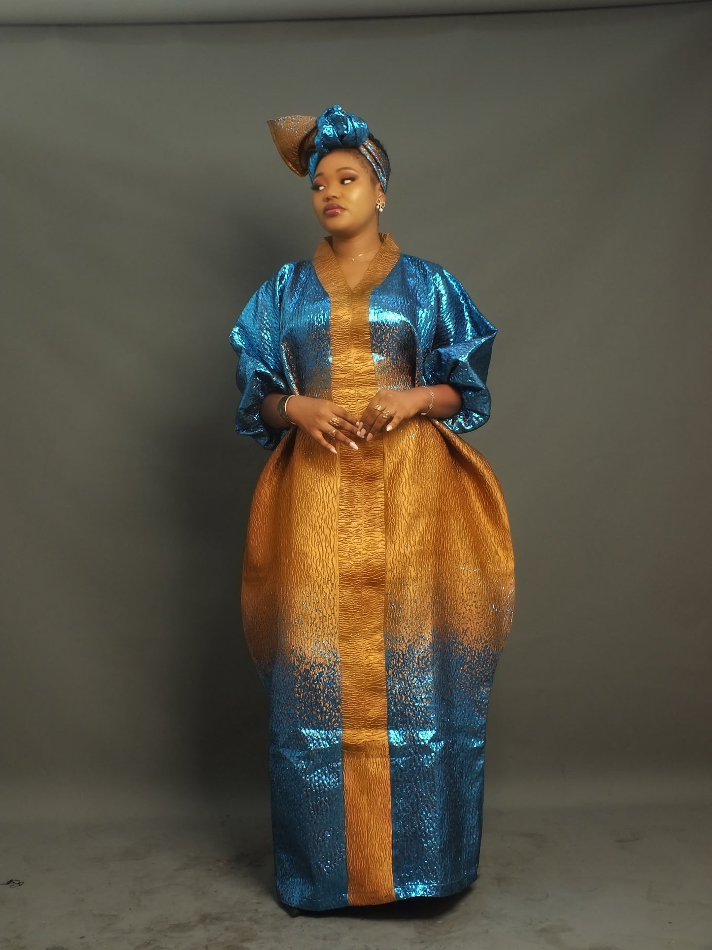 Amina Metallic Kaftan Boubou – Blue & Gold