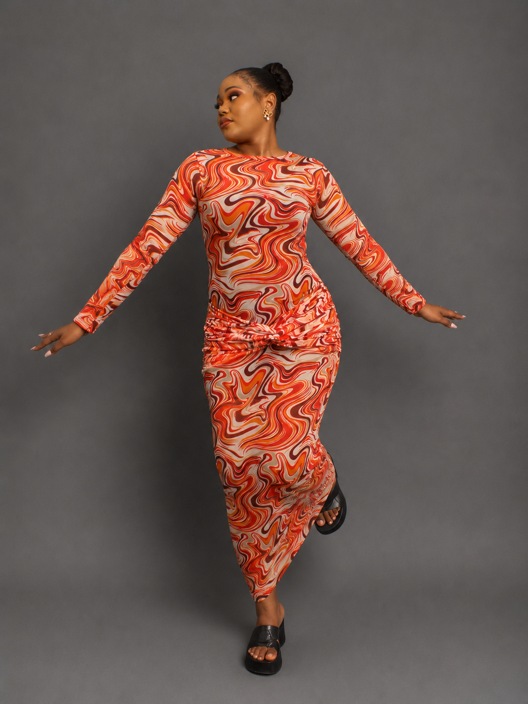 Multicolor Abstract Printed Long Sleeve Maxi Dress