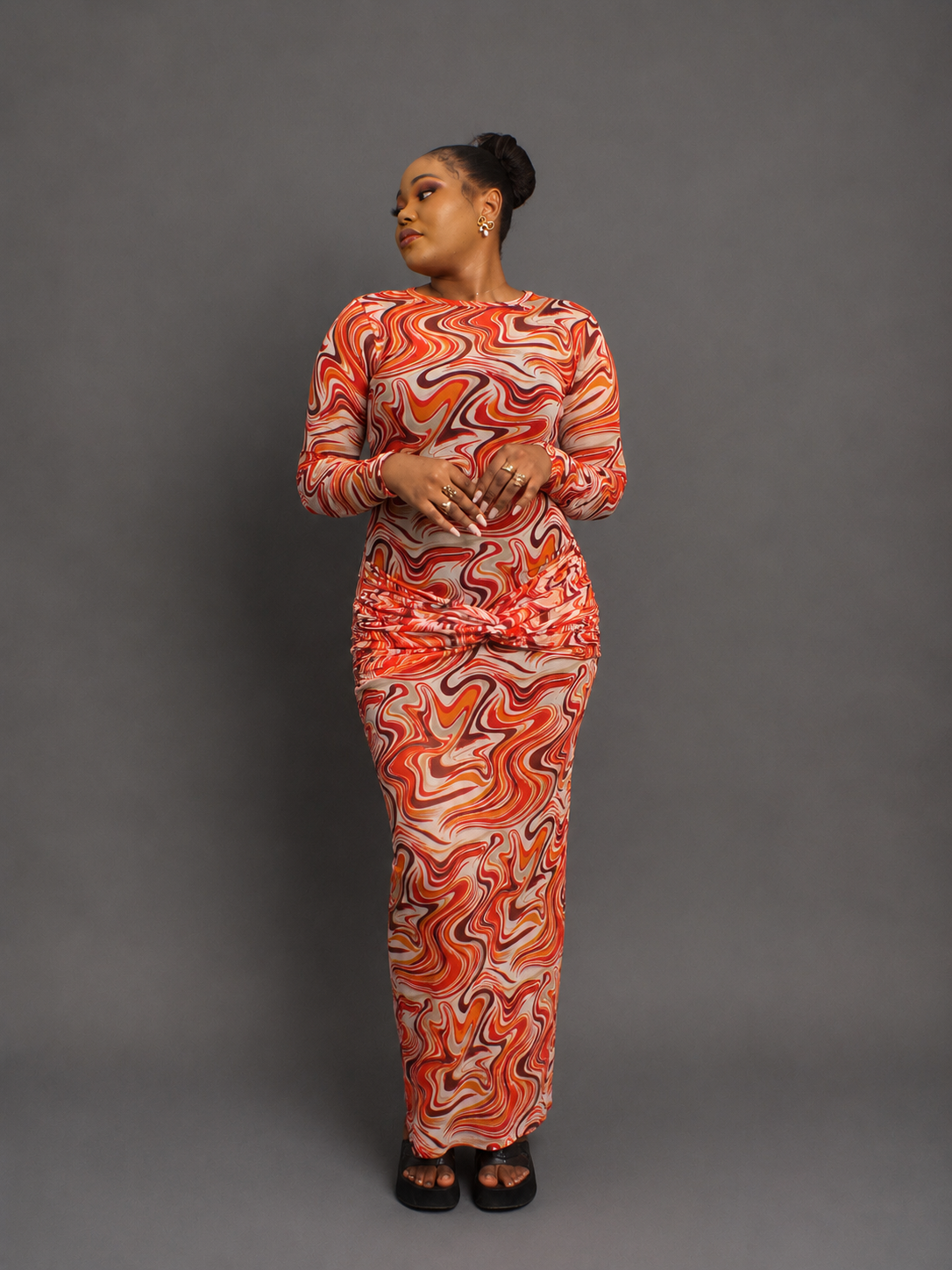 Multicolor Abstract Printed Long Sleeve Maxi Dress