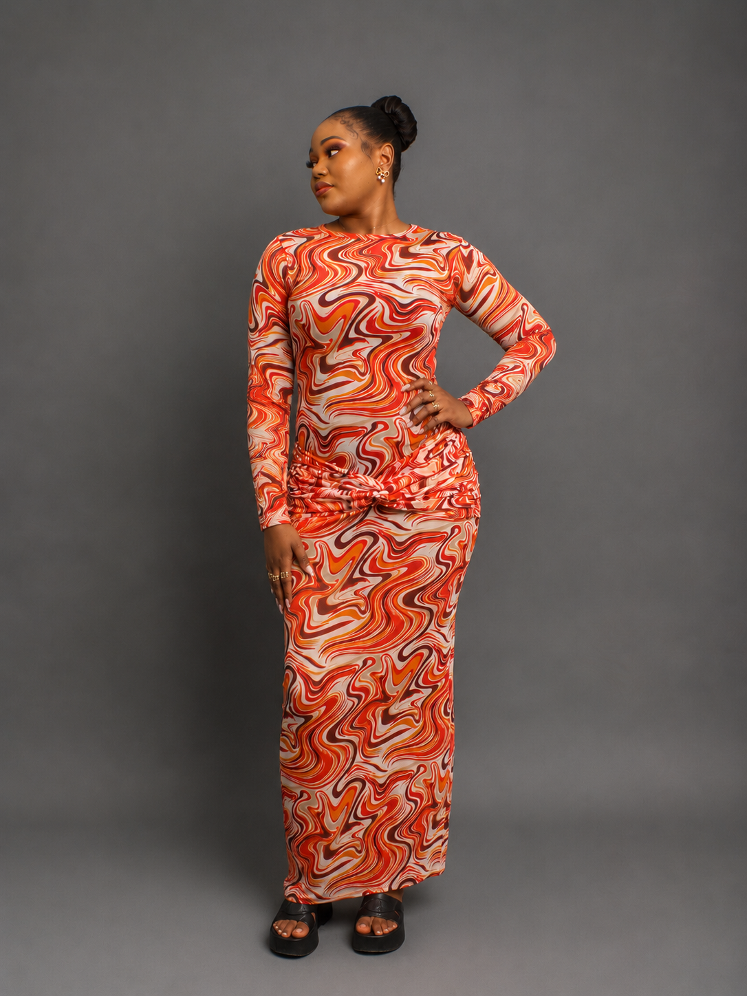 Multicolor Abstract Printed Long Sleeve Maxi Dress