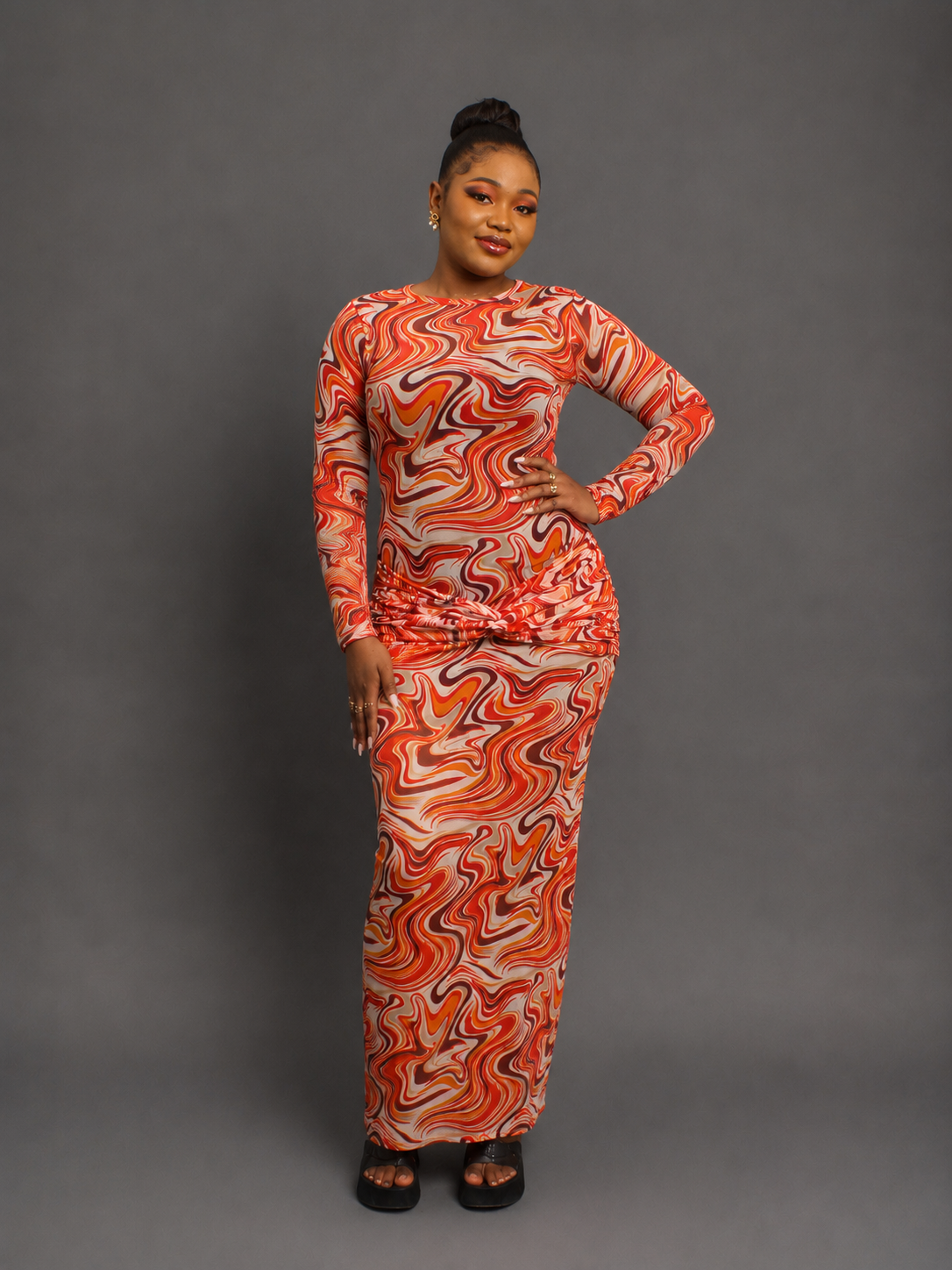 Multicolor Abstract Printed Long Sleeve Maxi Dress