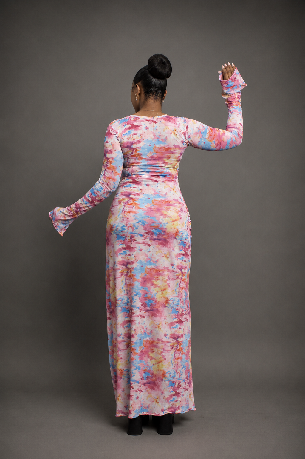 Pink Abstract Print Ruched Maxi Dress