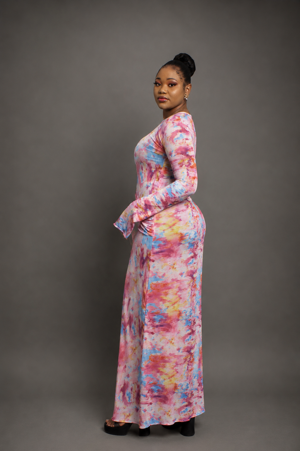 Pink Abstract Print Ruched Maxi Dress