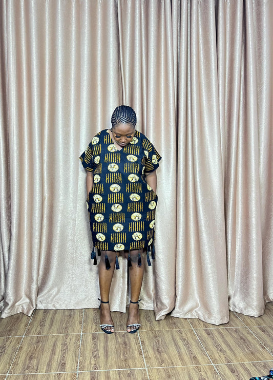 Robe Omoni 100 % coton Ankara à pompons