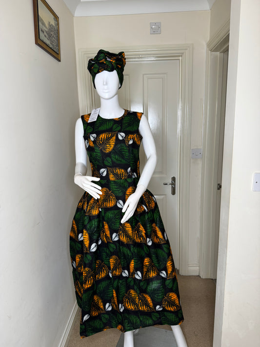 Makena – Fully Lined Ankara Maxi Dress with Matching Headwrap