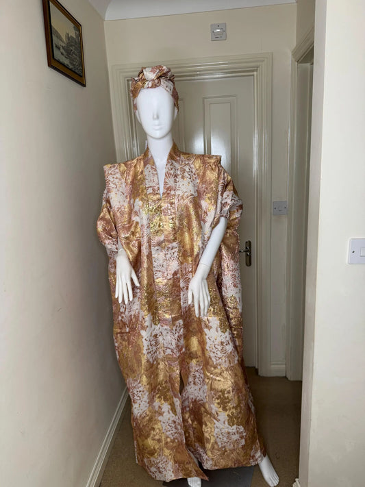 Jolayemi – Metallic Brocade Boubou with Hidden Waist Belt & Matching Headwrap ✨