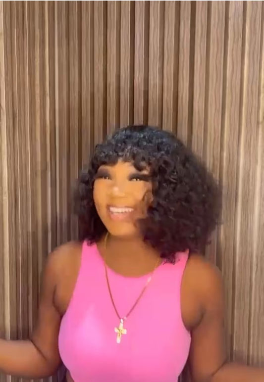 Short Curly Human Hair Bob Wig with Bangs - Natural Black Women's Style