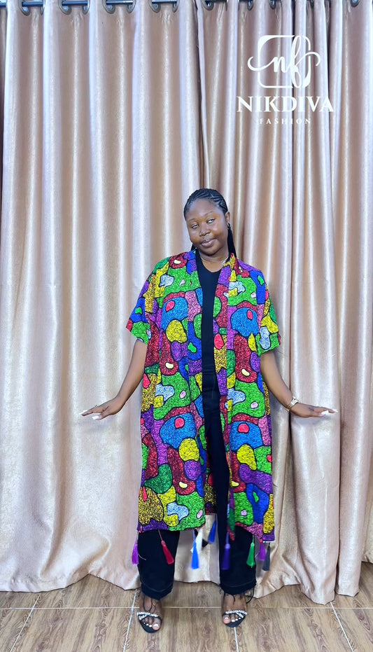 BIBI – Vibrant Ankara Kimono Jacket with Tassel Details
