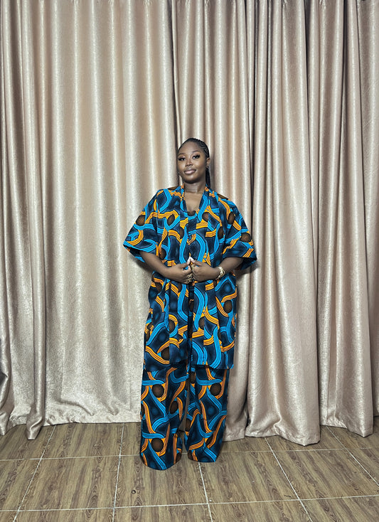 Dami – Ankara 3-Piece Set (Kimono, Halter Top & Elastic-Waist Trousers)